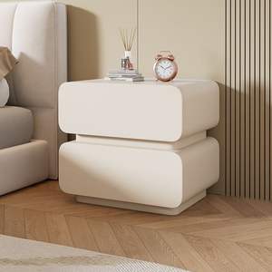 Table de chevet couleur crème en bois massif et cuir, table de nuit avec rangement, meubles de chambre à coucher, design moderne, petite taille - Product Image 2