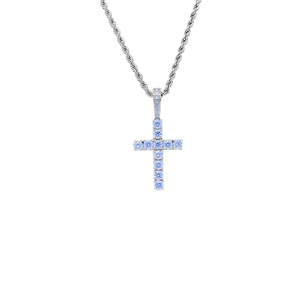 Classic Small Solid Blue CZ <b>Cross</b> Pendant Necklace, Men's Hip Hop Sea Blue Zirconia Jewelry - Product Image 5