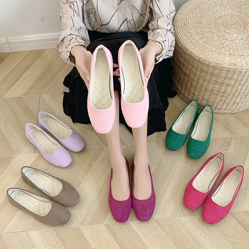 2023 Spring Square Head Fashion Flat Shoes Women's Suede Shallow Mouth Single Shoes Candy Color Casual Women's Shoes Large
