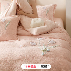 Milk Fleece Four-Piece <b>Bedding</b> <b>Set</b> Floral Embroidered Winter Thickened Anti-Static Home Use Sheet Style - Product Image 3