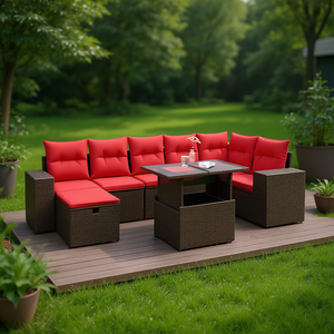 Set di divani da giardino in polyrattan marrone da 8 pezzi con cuscini, mobili da esterno dal design contemporaneo - Product Image 2