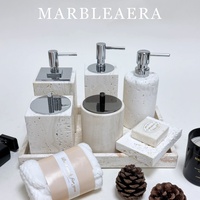 Distributeur de savon en marbre de travertin blanc naturel Bouteille de luxe légère avec presse en marbre Lotion Shampooing Ensemble de bouteilles en marbre Salle de bain
