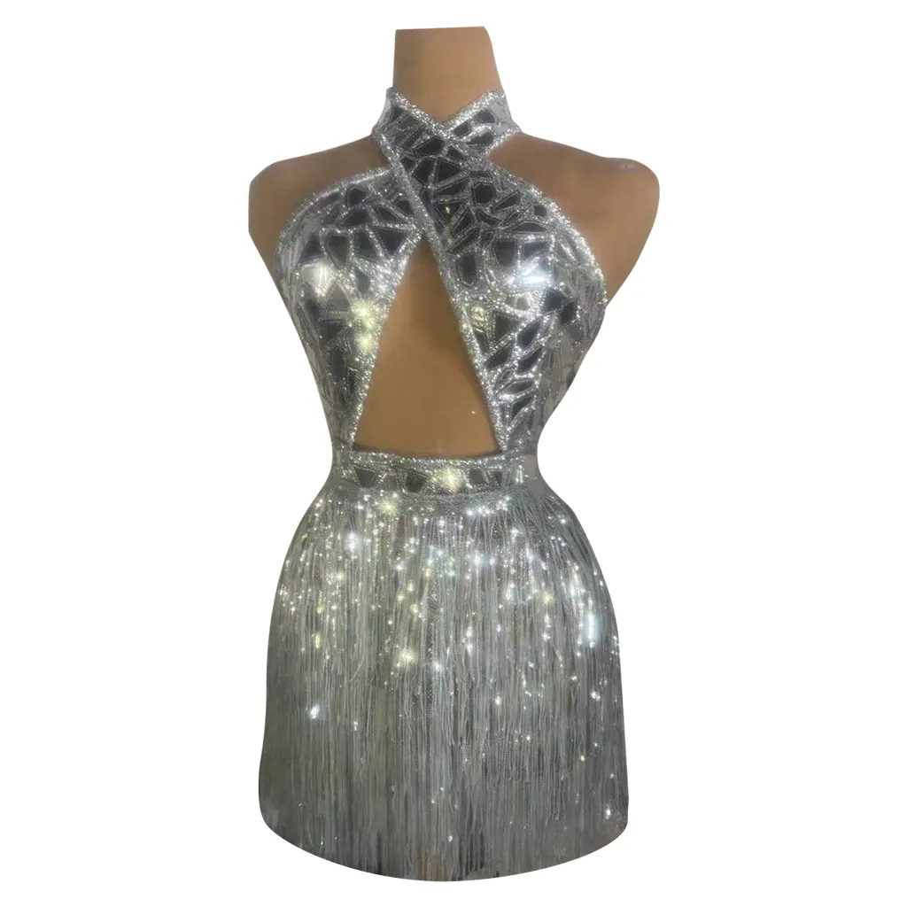Sexy Halter Backless Silver Sequins Tassel Short Dress Womens Stage Costume Latin Dance Performance Wear Party Club Dress