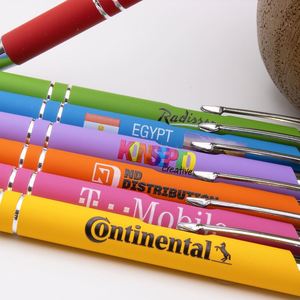 Soft <b>Rubber</b> <b>Matte</b> Coated Click Ballpoint Pen With Double Silver Chrome Rings, Multi Bright Color Retractable Advertising Pen - Product Image 2