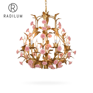 Lustre romantique de style ferme pour boutique de robes de mariée, café, fer, céramique, certifié UL, lustre en céramique à 6 lumières, <span class=keywords><strong>rose</strong></span> - Product Image 1
