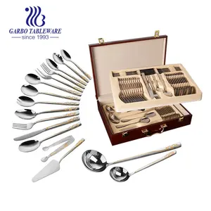 Wholesale wood case gift 86pcs stainless steel 201 flatware embossed golden plated heart shaped design cutlery set