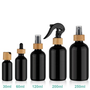 YAN Packaging – Flacon de luxe rond en <span class=keywords><strong>verre</strong></span> violet/noir avec bouchon disque/pipette/pulvérisateur/pompe/trigger, capuchon en bambou pour lotion visage - Product Image 4
