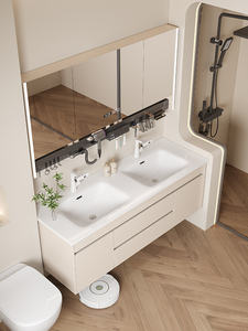 Mueble de baño moderno blanco con lavabo doble integrado de cerámica, combinación de mueble de baño con lavabo. - Product Image 3
