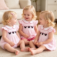 Ensemble de vêtements d'été pour bébé : Barboteuse à manches volantées rayée rose avec applique souris et ensemble de bloomers assortis, Robes pour petites filles