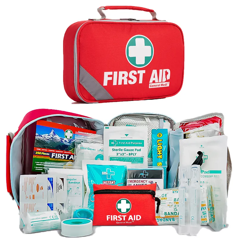 Kit de primeiros socorros portátil para crianças, kit de primeiros socorros portátil à prova d'água para crianças, equipamento de emergência, equipamento portátil de 258 peças, fornecimento de produtos médicos