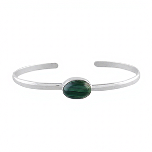 925 Sterling Silver Green Malachite Cuff Bangle Bracelet Oval Gemstone Minimalist Handmade Women’s Everyday Jewelry - Product Image 1