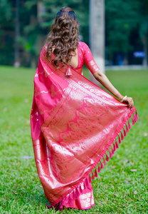 Saree en soie douce Banarasi rose gracieux avec un design Jaal complexe et un tissage Zari riche parfait pour les fêtes et les traditions - Product Image 6