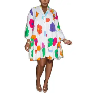 Wholesale New Popular Women's Fashion Painted Print V-Neck Long Sleeve Large Swing Half Dress Floral dresses