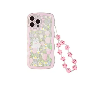 Симпатичный Прозрачный чехол для телефона с изображением кроликов с розовыми цветами в форме волны для iPhone 11 12 13 14 Pro Max