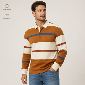 Camisas Polo Manga Larga Men Retro Stripe Rugby Polo Shirt Cotton Jersey Relaxed Fit Contrast Collar Casual Sportswear <b>Top</b> - Product Image 1