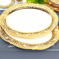Service de table de luxe en porcelaine fine, fait main, avec décor doré, écologique, portable, style américain, pour hôtels, mariages et événements