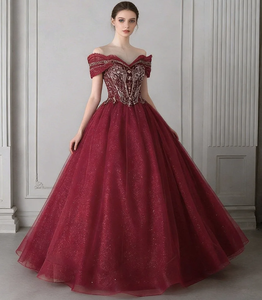 Elegante <span class=keywords><strong>Abito</strong></span> da Quinceañera con Spalle Scoperte, Gonna <span class=keywords><strong>in</strong></span> <span class=keywords><strong>Tulle</strong></span> con Perline, Vestito da Ballo <span class=keywords><strong>Lungo</strong></span> fino al Pavimento - Product Image 5