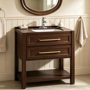 Modern Bathroom Vanity Cabinet 30 Floor Standing Dark Wood Drawers Open Shelf Ceramic Basin Framed <b>Mirror</b> Included Soft Close - Product Image 5