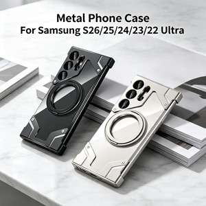 เคสแม่เหล็กไร้ขอบโลหะอะลูมิเนียมสำหรับ <span class=keywords><strong>Samsung</strong></span> S26 S25 <span class=keywords><strong>S23</strong></span> S22 S24 Ultra พร้อมขาตั้งวงแหวนหมุนได้ ฝาหลังแข็งใส PC - Product Image 1