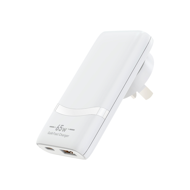 65W GaN Fast Charger USB-C USB-A Dual Ports Ultra Slim Travel Laptop Charger with Interchangeable EU US AU UK Detachable Plug