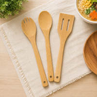 Ensemble d'ustensiles de cuisine en bambou de 3 pièces : Cuillère à pâtes, Spatule ajourée, Cuillère mélangeuse – Outils de cuisson en bois avec trou de suspension – Vente en gros