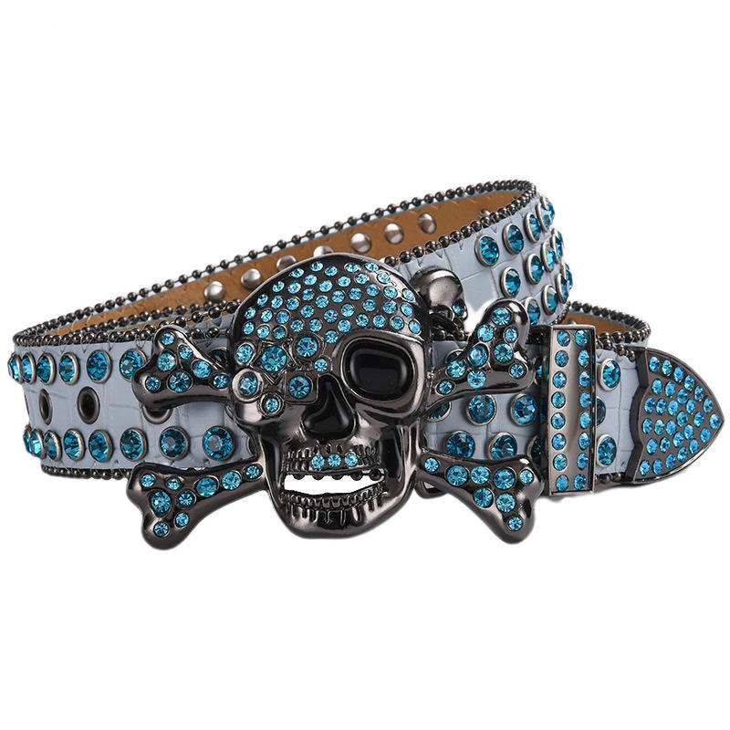 Ceinture Cloutée En Strass Pour Homme Et Femme - Avec Boucle De Tête De Mort En Métal - Taille : 110 Cm - Rouge