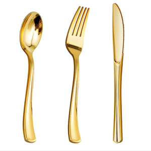 Vaisselle en plastique dorée de qualité supérieure, couverts jetables dorés, ensemble de couverts en plastique (fourchettes, cuillères, couteaux) pour fêtes, anniversaires, et célébrations. - Product Image 1