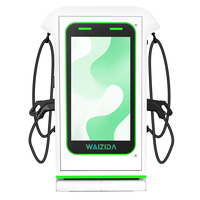 Borne de recharge pour véhicules électriques 80 kW avec écran publicitaire 43 pouces, support au sol, IP54, double connecteur, pour usage commercial