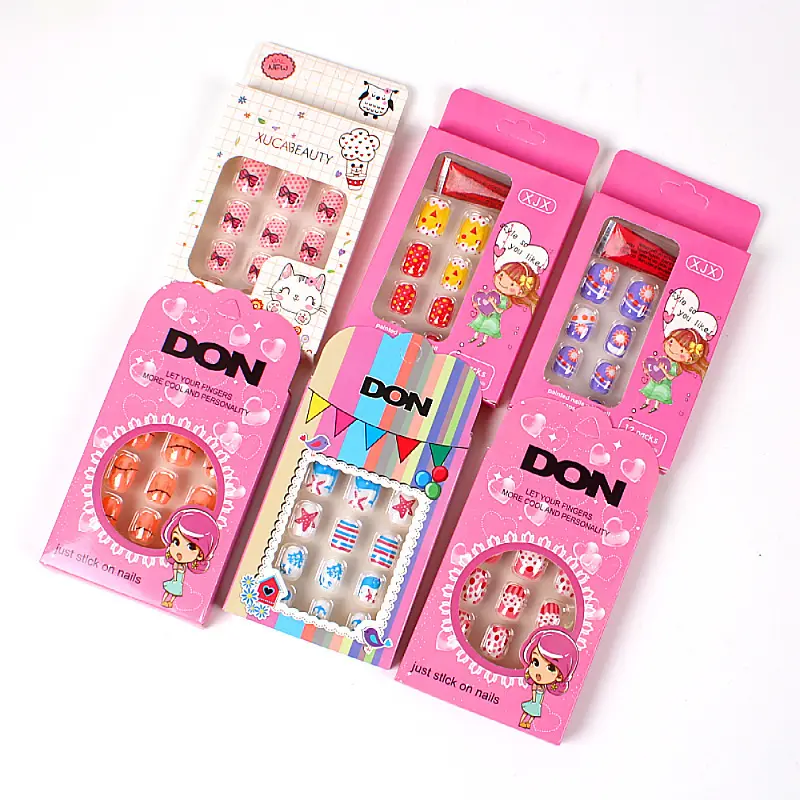 12pcs/bag Wholesale Wearable Pink Fake Nail Art Cute False Nails Cartoon Full Coverage Kids Little Girl Manicure Tools Tips