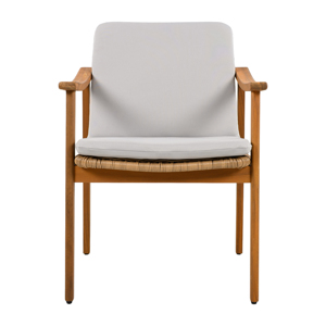 Modern Outdoor Dining Chairs Set of 2 Teak Color Acacia Wood <b>Frame</b> Brown PE Wicker <b>Grey</b> Waterproof Cushion for Home & Hotel Use - Product Image 4