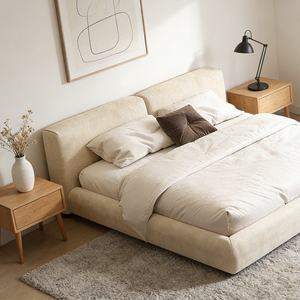 Lit de sol confortable en tissu Wabi-sabi, meubles de chambre <span class=keywords><strong>à</strong></span> coucher avec cadre en bois massif et base <span class=keywords><strong>à</strong></span> <span class=keywords><strong>lattes</strong></span> - Product Image 1