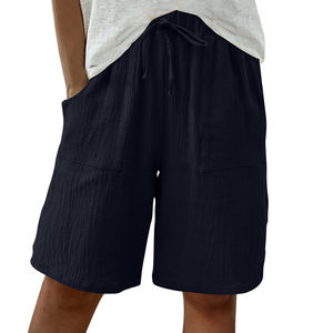 Taille haute cordon jambe large décontracté genou longueur Shorts été pour femmes 2025 confortable coton crêpe <span class=keywords><strong>Bermuda</strong></span> avec poches - Product Image 2