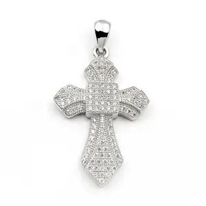 Factory Custom 925 Sterling Silver Charms Zircon Rhodium 18k Gold Plating Hiphop Cross Pendant Necklace Men Jewelry