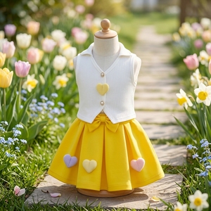 Ensemble de vêtements d'été décontractés pour petites filles, 2 pièces, <span class=keywords><strong>gilet</strong></span> à col <span class=keywords><strong>blanc</strong></span>, décoration en forme de cœur moelleux, jupe plissée, polyester/coton, enfants - Product Image 2