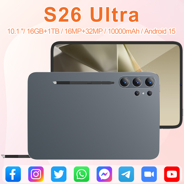 1 Year Warranty S26 Ultra Android 15 Tablet 10.1" Dual Core HD Screen Snapdragon 8 Gen4 16GB+1TB 10000mAh 16MP+32MP Camera WiFi