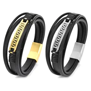Men's Bracelet Twisted Leather with Stainless Steel Custom Bracelet Manufacturer Men's stainless steel leather bracelet