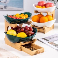 SINCERE 3-laags porseleinen fruitmand voor het bewaren van groenten, plastic fruitkom met bamboe houten standaard