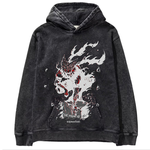 Felpa con Cappuccio Unisex Nera in Cotone con Stampa Digitale Personalizzata, Effetto Vintage Lavato, Pullover con Cartoni Animati, <span class=keywords><strong>Abbigliamento</strong></span> <span class=keywords><strong>Anime</strong></span> - Product Image 2