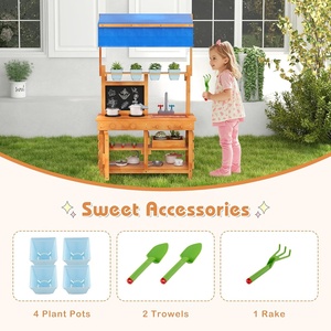 Table de jeu de cuisine rustique en bois coloré faite à la main pour enfants de 5 à 7 ans avec auvent réglable, banc de jardinage et table à boue Yuyi - Product Image 3