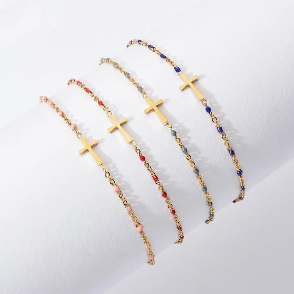 Trendy Simple Fashional S925 Sterling Silver Cross Foot Chain Anklet Small Colorful Gold Plated Graze Beaded Bracelet