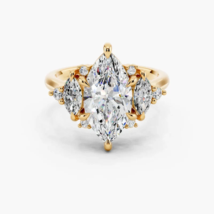 18K Yellow Gold Marquise Cut Lab Grown Diamond Ring, Side Marquise <b>Stones</b> Unique Art Deco Engagement Ring For Women Fine Jewelry - Product Image 1