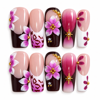 Ongles à presser floraux violets faits à la main, fleurs 3D, accent doré bordeaux, ongles en acrylique, finition brillante, 10 pièces, vente en gros