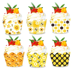 WB083 Bee Sunflower Pattern Cupcake Toppers y envoltorios Bee Sugar Decoraciones de fiesta temáticas para niños y niñas Cumpleaños