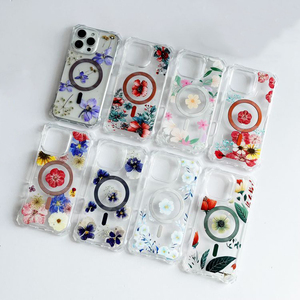 Funda Protectora Transparente para <span class=keywords><strong>iPhone</strong></span> 15 Pro Max 14 13 12 <span class=keywords><strong>11</strong></span> 7 8 Plus XS XR con Flores Secas Reales Selladas con Calor para Cargador Inalámbrico Magnético - Product Image 1