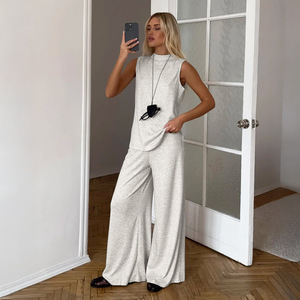 Completo Estivo 2026 in Maglia Solida: Top Senza Maniche e Pantaloni a Gamba <span class=keywords><strong>Larga</strong></span>, Set Casual da 2 Pezzi per <span class=keywords><strong>Donna</strong></span> - Product Image 1