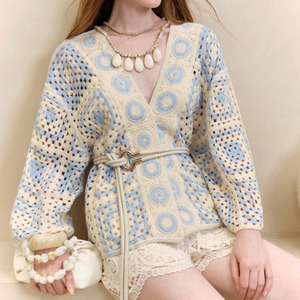 Cárdigan de Punto Holgado con Hombros Caídos y Cuello en V con Patrón Geométrico de Crochet para <span class=keywords><strong>Mujer</strong></span>, Estilo Boho para Vacaciones en la Playa - Product Image 1