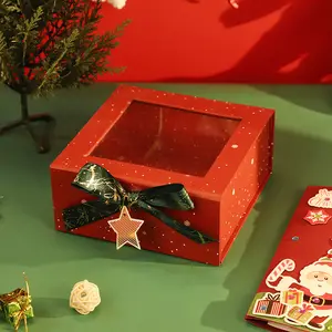 窓付き折りたたみ式クリスマスギフトボックスとカラフルなリボンペーパーボックスギフトボックス