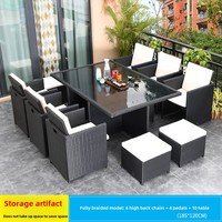 Ensemble de salle à manger d'extérieur pour jardin, balcon, terrasse, 11 pièces, meubles en osier noir, design compact avec chaises et tabourets rembourrés