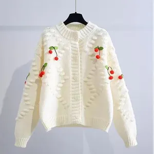 Factory sell autumn winter Korean style cardigan thick loose fashion knitted sweater cherry sweet cardigan sweater for women