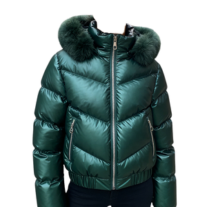 Green Hooded Down Bubble <b>Jacket</b> With Fur Trim Zipper Closure Casual Winter Coat Short Slim Fit Thick Windproof <b>Jackets</b> For Men - Product Image 1